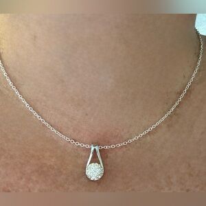 NWT Elegant Sterling Silver Teardrop Pendant Necklace with Sparkling Pavé Ball
